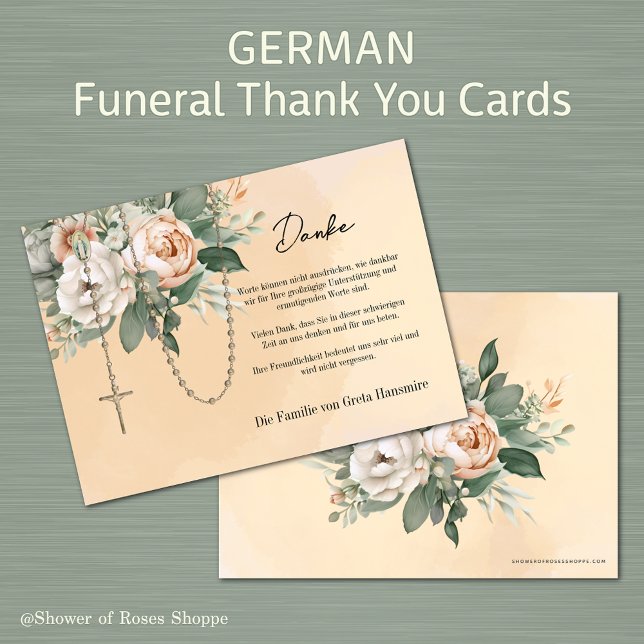 Cartão De Agradecimento Rosary Floral Funeral Fundamentalmente Condolence  (German Catholic Funeral Thank you Cards with the Holy Rosary - Easy to personalize)