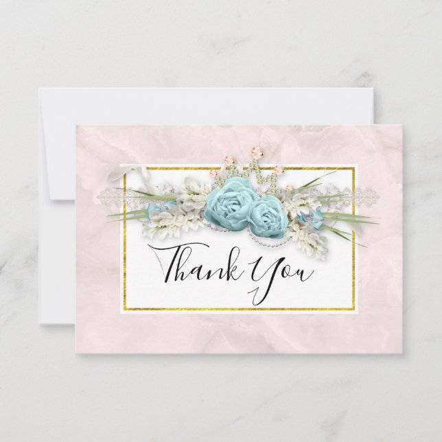 Cartão De Agradecimento Rosas Azuis e Buquê Floral Coroa Obrigado (Frente)