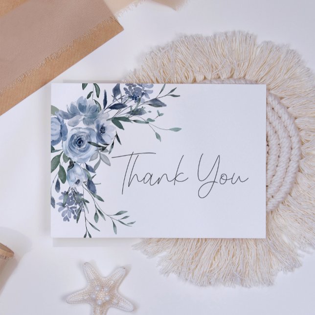 Cartão De Agradecimento Rosas Azuis Empoeiradas Flores Casamento Script (Criador carregado)