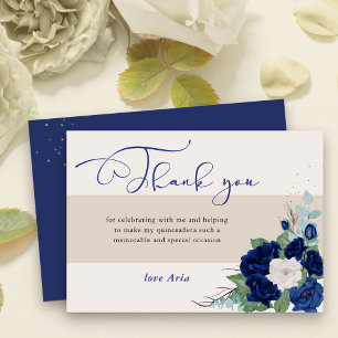 Cartão De Agradecimento Rosas Azul Real e Marfim Caligrafia Elegante