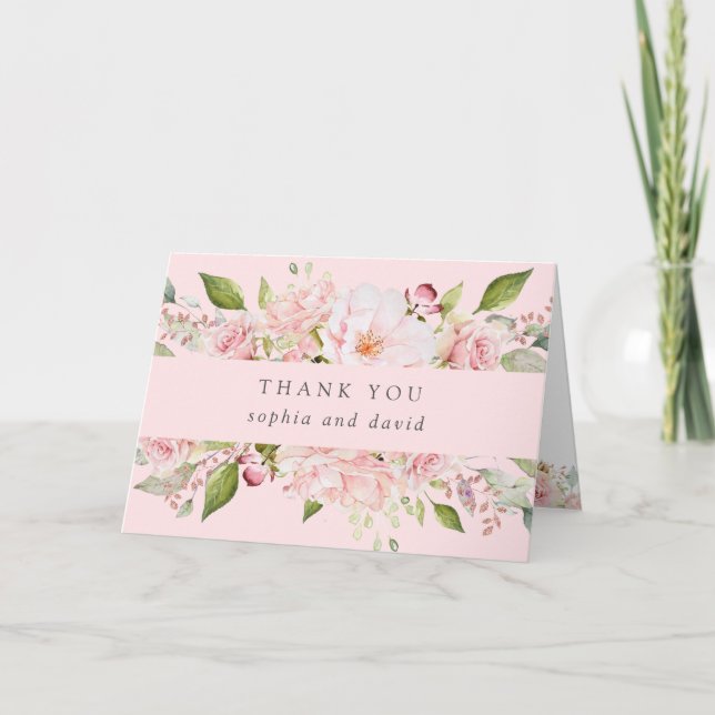 Cartão De Agradecimento Rosas Bonitas | Casamento Floral Rosa Muito Obriga (Frente)