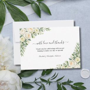 Cartão De Agradecimento Rosas Brancas Creme de Flores Verdejantes Casament