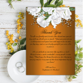 Cartão De Agradecimento Rosas brancas e Casamento Laranja Metálico