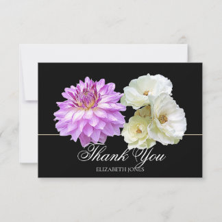 Cartão De Agradecimento Rosas Brancas Elegantes Dália Roxa Chic Obrigado