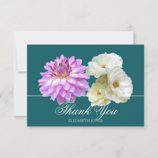 Cartão De Agradecimento Rosas Brancas Elegantes Dália Roxa Chic Obrigado