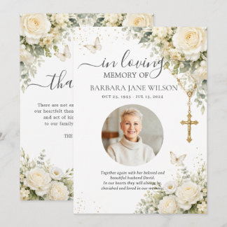 Cartão De Agradecimento Rosas Brancas Floral Católico Foto Funeral Memoria