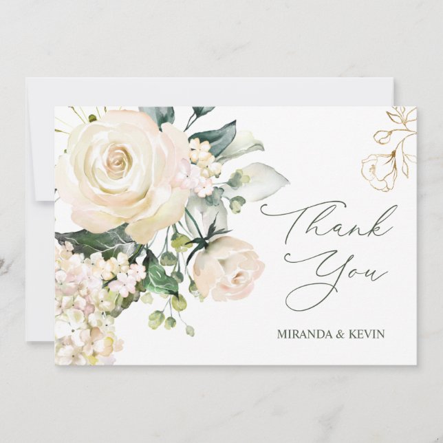 Cartão De Agradecimento Rosas Brancos Hydrangea Casamento Obrigado (Frente)
