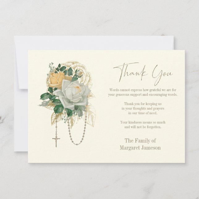 Cartão De Agradecimento Rosas Católicos Rosário Condolência Funeral (Frente)