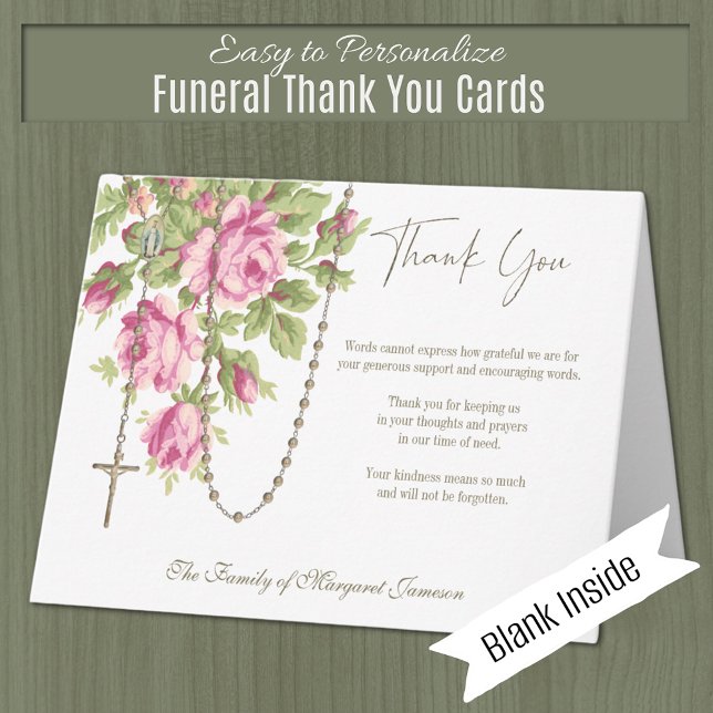 Cartão De Agradecimento Rosas Católicos Rosary Funeral Memorial Simpatia (Catholic Funeral Memorial Thank You Card)