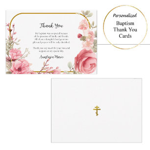 Cartão De Agradecimento Rosas cor-de-rosa e batismo ortodoxo Dourado