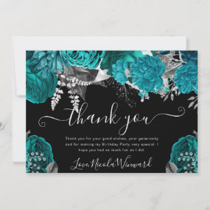 Cartão De Agradecimento Rosas de aniversário em aquarela azul-turquesa e p