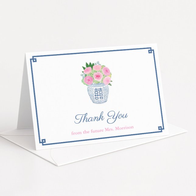 Cartão De Agradecimento Rosas de pré-disquete Chá de panela de gengibre pe (Chinoiserie chic pink and navy blue thank you card design with hot pink roses in ginger jar)