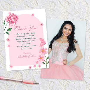 Cartão De Agradecimento Rosas de Quinceañera cor-de-rosa e borboletas Foto