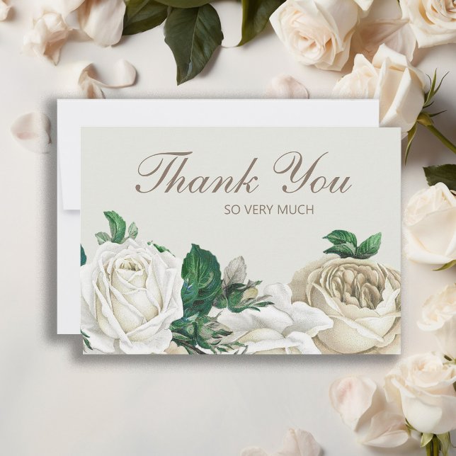 Cartão De Agradecimento Rosas Elegante Ivory White Cream Casamento Obrigad (Elegant white roses and greenery wedding Thank You card)