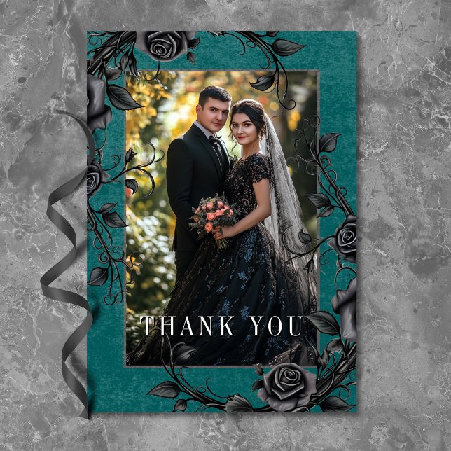 Cartão De Agradecimento Rosas Negras Gótica Raven Negra Foto Teal Casament (Gothic Black Raven Black Roses Teal Photo Wedding Thank You Card)