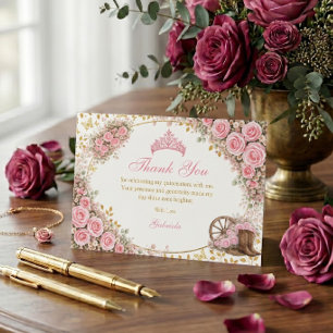 Cartão De Agradecimento Rosas Rosa em Aquarela Borboleta Dourada Quinceañe