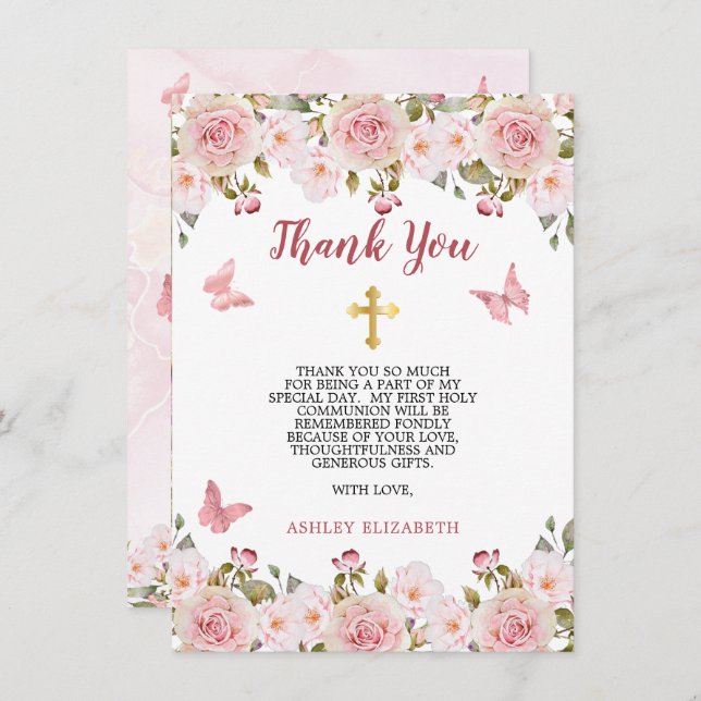 Cartão De Agradecimento Rosas Rosa Floral e Borboletas Primeira Comunhão (Frente/Verso)