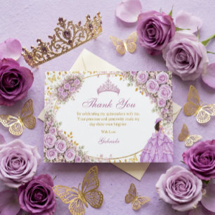 Cartão De Agradecimento Rosas Roxas Lilás Borboleta Dourada Quinceañera