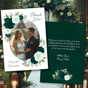 Cartão De Agradecimento Rosas Verde Esmeralda Oval Foto Casamento Elegante
