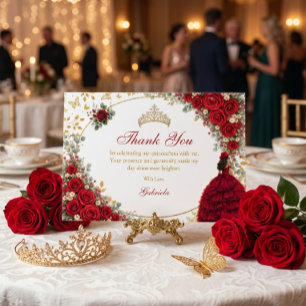 Cartão De Agradecimento Rosas Vermelhas Borboletas Douradas Quinceañera