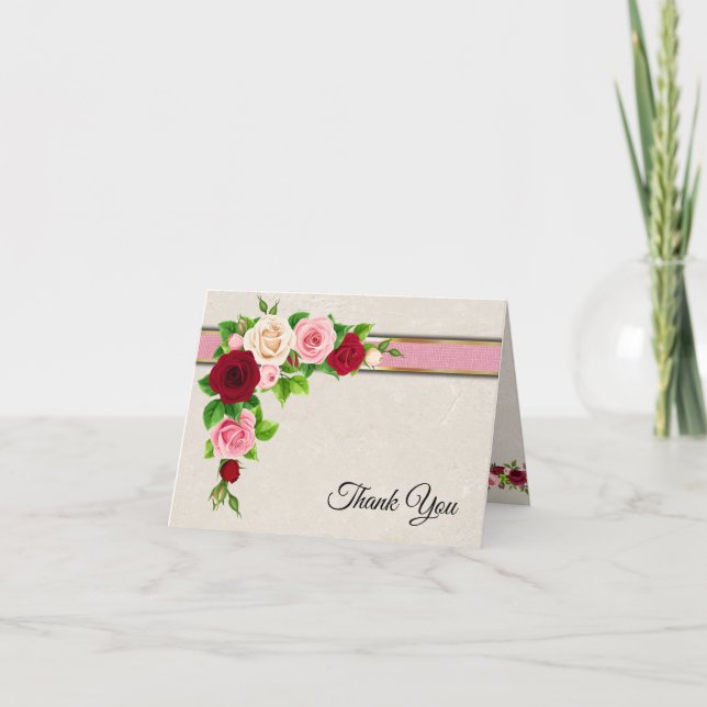 Cartão De Agradecimento Rosas Vermelhas e Rosa Elegantes com Casamento Dou (Frente)