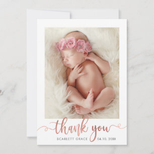 Cartão De Agradecimento Rose Gold Script Modern Overlay text Foto Bebê