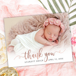 Cartão De Agradecimento Rose Gold Script Newborn Baby Photo Obrigado