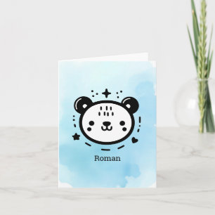 Cartão De Agradecimento Rosto de Urso Fofo Kawaii - Arte de Linha Minimali