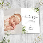 Cartão De Agradecimento Roteiro de Foto de Christening do Baptism<br><div class="desc">Um batismo elegante ou cartões de agradecimentos de fotos batizante. Personalize com sua foto e batismo especial,  batizando o obrigado que você escreve em letras quicas sobre este moderno design floral verde. Projetado por Thisnotme©</div>