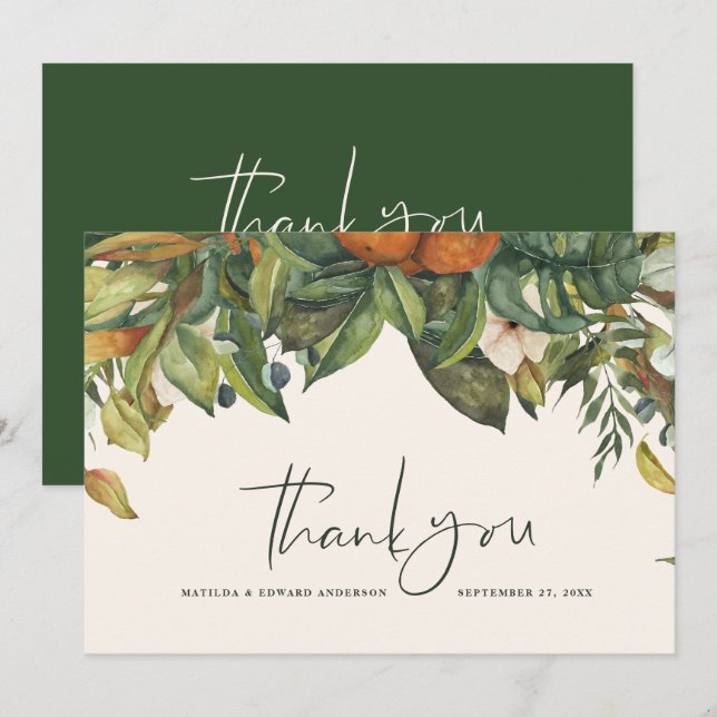 Cartão De Agradecimento Roteiro elegante obrigado de casamento você botâni (Frente/Verso)