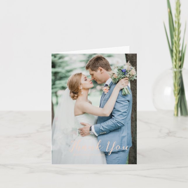 Cartão De Agradecimento Roteiro Ousado Foto Pêssego Casamento Elegante (Frente)