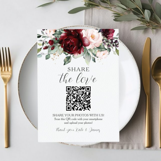 Cartão De Agradecimento Rouge Borgonha Chic Rosa Floral QR Compartilhar Fo (Criador carregado)
