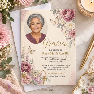 Cartão De Agradecimento Roxo Ameixa e Floral Foto Funeral Católico