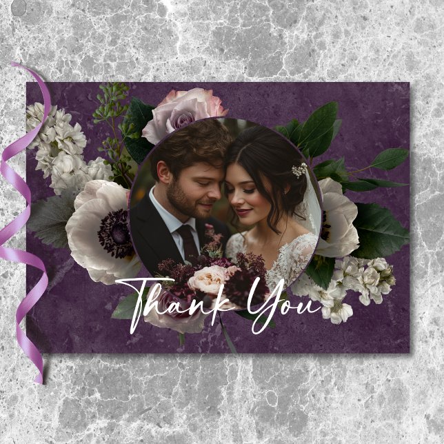 Cartão De Agradecimento Roxo Ameixa Elegante Moderno Floral Casamento Foto (Plum Purple Elegant Floral Modern Wedding Photo Thank You Card)