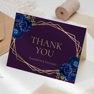 Cartão De Agradecimento Roxo Azul Real Floral Dourado Geo Casamento