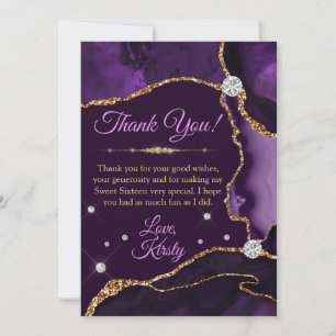 Cartão De Agradecimento Roxo & Dourado Ágata Brilho Falso Sweet 16