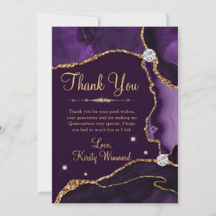 Cartão De Agradecimento Roxo e Dourado Ágata Brilho Falso Quinceanera