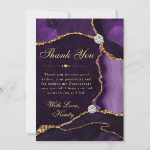 Cartão De Agradecimento Roxo e Dourado Falso Brilho Ágata Quinceanera