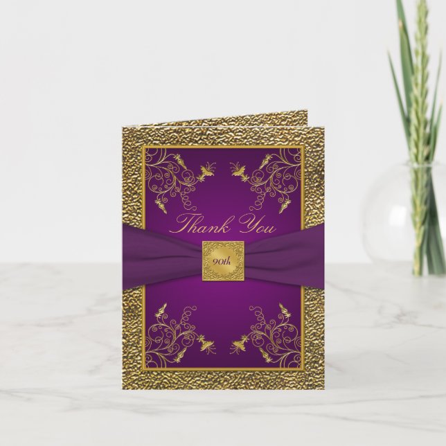 Cartão de agradecimento roxo e dourado Royal (Frente)