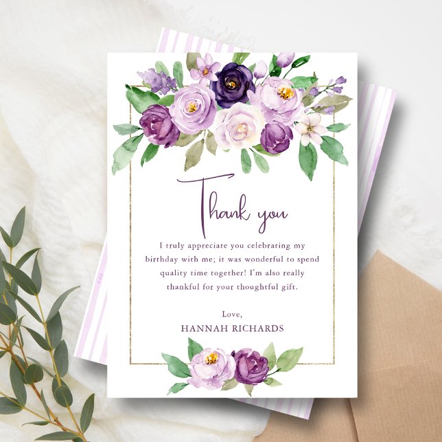 Cartão De Agradecimento Roxo Elegante | Violet Floral Birthday (Criador carregado)