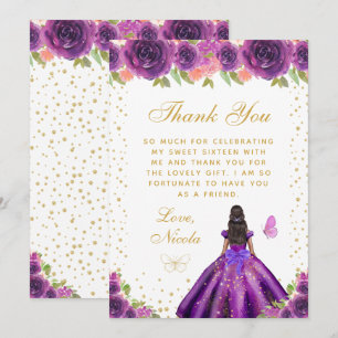 Cartão De Agradecimento Roxo Floral Princesa de Pele Morena Sweet Sixteen