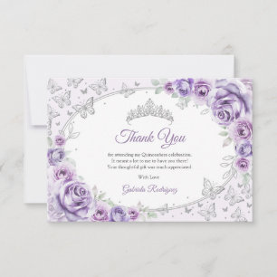 Cartão De Agradecimento Roxo Lilás Prata Floral Quinceanera
