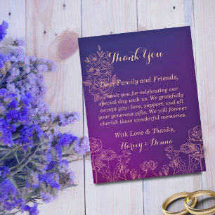 Cartão De Agradecimento Roxo Magenta Vibrante com Casamento Floral