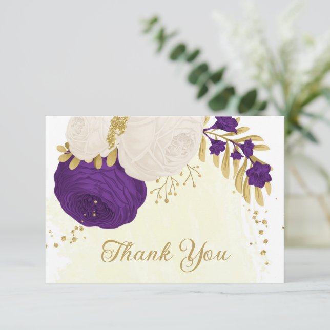 Cartão De Agradecimento Roxo real roxo e flores brancas douradas (Em pé/Frente)