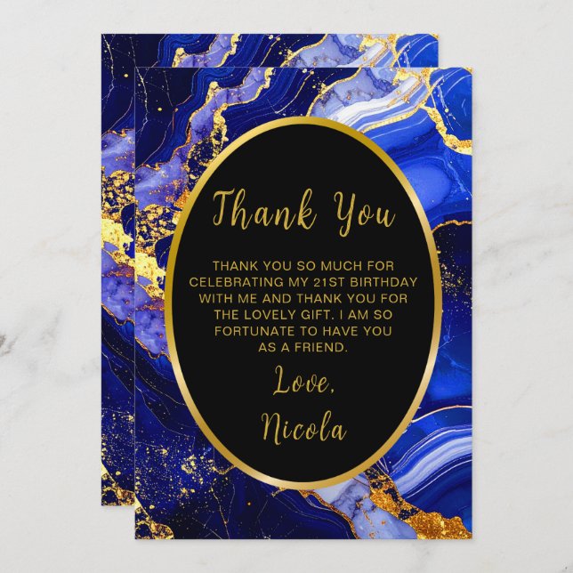 Cartão De Agradecimento Royal Blue and Gold Marble Agate Birthday Party (Frente/Verso)
