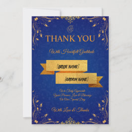 Cartão De Agradecimento Royal Blue and Gold Wedding Thank You Card