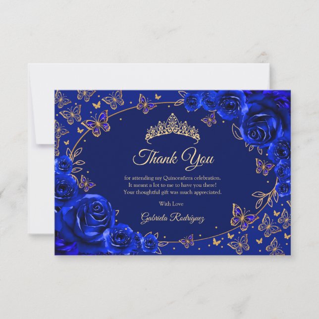 Cartão De Agradecimento Royal Blue Gold Quinceanera (Frente)