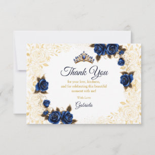 Cartão De Agradecimento Royal Blue Quinceañera Tiara Dourada Rosas Floral 