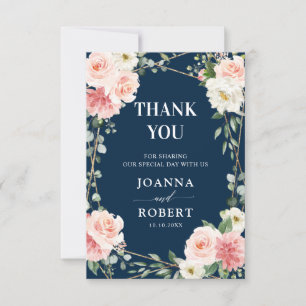Cartão De Agradecimento Rubor Naval Floral Geométrico Botânico Casamento