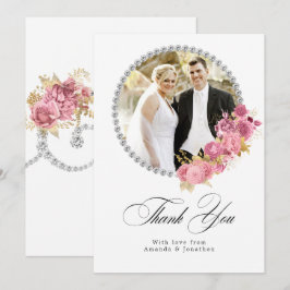 Cartão De Agradecimento Rubor Rosa e Dourado Floral Diamante Casamento